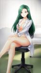  1girl barefoot blurry blurry_background breasts cleavage closed_mouth collarbone crossed_legs doukyuusei_another_world earrings game_cg green_hair hand_on_own_knee indoors jewelry kakyuusei labcoat large_breasts long_hair looking_at_viewer mitsuki_shizuka naked_labcoat official_art purple_eyes shiny shiny_hair sitting smile solo straight_hair very_long_hair 