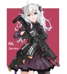  1girl animal_ears assault_rifle black_gloves black_legwear blush fatkewell gloves green_hair grey_eyes gun highres holding holding_gun holding_weapon hololive lion_ears long_hair looking_at_viewer open_mouth pleated_skirt rifle shishiro_botan single_thighhigh skirt solo teeth thighhighs virtual_youtuber weapon 