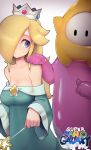  1girl 1other aqua_dress bare_shoulders blonde_hair blue_eyes breasts crown dress hair_over_one_eye hand_on_another&#039;s_shoulder highres holding holding_wand kashu_(hizake) long_hair long_sleeves luma_(mario) mario_(series) medium_breasts off-shoulder_dress off_shoulder rosalina super_mario_galaxy sweatdrop upper_body wand wide_sleeves 