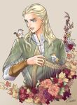  1boy bird blonde_hair blue_eyes braid coat flower grey_background hair_slicked_back harp highres instrument kazuki-mendou legolas lord_of_the_rings male_focus orange_flower orange_rose pointy_ears rose side_braid signature simple_background smile solo upper_body 