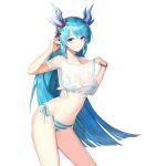  1girl arm_up armpits bikini blue_bikini blue_eyes blue_hair breasts closed_mouth clothes_pull collarbone contrapposto cowboy_shot crop_top dragon_horns hair_ornament halter_top halterneck horns king&#039;s_raid laias_(king&#039;s_raid) large_breasts long_hair looking_at_viewer navel no_pants official_art pointy_ears see-through shirt shirt_pull short_sleeves side-tie_bikini side-tie_shirt sidelocks smile solo standing stomach string_bikini striped striped_bikini swimsuit thighs transparent_background very_long_hair wet wet_clothes wet_shirt white_shirt 