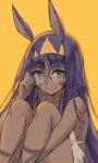  1girl animal_ears bare_shoulders bespectacled dark_skin dark_skinned_female eyebrows_visible_through_hair facial_mark fate/grand_order fate_(series) glasses hair_between_eyes hairband hand_up highres jackal_ears leg_hug long_hair looking_at_viewer nitocris_(fate) purple_eyes purple_hair round_eyewear simple_background sitting smile solo tonee yellow_background 