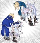  2boys 2girls ahoge apologizing arthur_pendragon_(fate) artoria_pendragon_(all) black_gloves black_pants blonde_hair bowing braid fate/grand_order fate/prototype fate/stay_night fate_(series) fingerless_gloves flower_knot forced forced_bowing french_braid gloves greaves highres hooded_robe kujiramaru merlin_(fate) merlin_(fate/prototype) multiple_boys multiple_girls pants robe saber sweat sweating_profusely white_hair white_hood white_robe wide_sleeves 