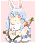  &gt;:) 1girl :&gt; animal_ear_fluff animal_ears bare_shoulders braid breasts bunny-shaped_pupils bunny_ears carrot_hair_ornament don-chan_(usada_pekora) food_themed_hair_ornament hair_ornament hololive long_hair multicolored_hair orange_eyes rabbit_girl short_eyebrows small_breasts smile solo thick_eyebrows twin_braids two-tone_hair upper_body usada_pekora virtual_youtuber yoshida_on 