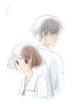  1boy 1girl asai_kei back-to-back brown_eyes brown_hair grey_hair haruki_misora highres sagrada_reset shirt short_hair simple_background suzupom upper_body white_background white_shirt 