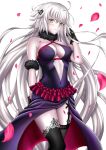  1girl bangs bare_shoulders black_legwear blush breasts center_opening cleavage closed_mouth dress fate/grand_order fate_(series) fur_collar harukey highres jeanne_d&#039;arc_(alter)_(fate) jeanne_d&#039;arc_(fate)_(all) large_breasts long_hair looking_at_viewer petals purple_dress silver_hair thighhighs thighs very_long_hair yellow_eyes 
