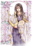  1boy brown_hair cat character_name closed_mouth harp highres holding holding_instrument instrument kazuki-mendou long_hair long_sleeves looking_at_viewer male_focus purple_eyes robe salgant signature silmarillion smile solo standing wide_sleeves 