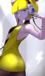  1girl aqua_eyes armpits arms_up ass bangs blonde_hair blunt_bangs elesa_(pokemon) from_behind headphones highres kashu_(hizake) pokemon pokemon_(game) pokemon_bw shadow solo 