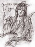  1boy brooch character_name closed_mouth dated greyscale harp highres holding holding_instrument instrument jewelry kazuki-mendou looking_at_viewer maglor male_focus monochrome one-hour_drawing_challenge ponytail robe signature silmarillion smile solo traditional_media upper_body 