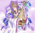  1girl blue_flower brown_hair circlet closed_mouth flower hagoromo hair_flower hair_ornament hand_up head_tilt holding holding_instrument instrument instrument_request kazuki-mendou long_hair long_sleeves music original playing_instrument purple_eyes purple_flower purple_theme shawl smile solo traditional_clothes wide_sleeves 