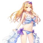 1girl aisha_(king&#039;s_raid) armpits ass_visible_through_thighs bare_arms bare_shoulders bikini blonde_hair blue_bikini bow breasts cleavage closed_mouth cowboy_shot frilled_bikini frills groin hair_bow hairband halter_top halterneck hand_up king&#039;s_raid long_hair looking_at_viewer medium_breasts navel official_art side-tie_bikini solo standing stomach swimsuit thighs transparent_background wrist_cuffs yellow_eyes 