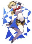  1girl aegis_(persona) android arm_up armband bangs blonde_hair blue_eyes bow bowtie collar do_m_kaeru eyebrows_visible_through_hair hair_between_eyes hair_intakes hand_up leg_up persona persona_3 red_armband red_bow red_neckwear s.e.e.s short_hair simple_background solo_focus twitter_username v_arms v_legs watermark white_background white_collar 