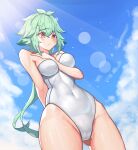  1girl absurdres animal_ears arm_between_breasts between_breasts blue_sky blush breasts casual_one-piece_swimsuit cat_ears cloud covered_navel dutch_angle engineer_kim eyebrows_visible_through_hair genshin_impact green_hair highres long_hair nervous one-piece_swimsuit orange_eyes outdoors ponytail sky solo sucrose_(genshin_impact) swimsuit 