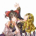  (9) 2girls absurdres alternate_costume alucard_pie black_hair blonde_hair bow bracelet braid choker contemporary eyewear_on_head gold hair_tubes hakurei_reimu highres jewelry kirisame_marisa multiple_girls ponytail railing ring single_braid smile star_(symbol) sunglasses touhou wedding_band yellow_eyes yin_yang 