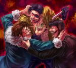  3boys black_hair black_pants blue_coat coat crossover dagger earrings eyepatch facial_hair fur_trim gesugao glasgow_smile glasses glowing glowing_eyes hand_around_neck holding holding_hand holding_knife imminent_fight irezumi ishida_to_asakura jewelry kakihara_masao kamizawa_(sark) knife koroshiya_ichi majima_gorou male_focus multiple_boys multiple_earrings mustache one-eyed pants red_background red_eyes ryuu_ga_gotoku ryuu_ga_gotoku_1 scar scar_on_face sideburns snake_print suzuki_(ishida_to_asakura) tattoo tongue tongue_out weapon yakuza 