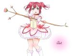  1girl aiming aiming_at_viewer artist_name bow bow_(weapon) breasts bubble_skirt choker cosplay cowboy_shot dress frilled_legwear hair_bow highres holding holding_bow_(weapon) holding_weapon kaname_madoka kaname_madoka_(cosplay) kneehighs kurosawa_ruby looking_at_viewer love_live! love_live!_sunshine!! mahou_shoujo_madoka_magica open_mouth pink_dress puffy_short_sleeves puffy_sleeves red_bow red_choker ribbon_choker runi_(87025) short_hair short_sleeves simple_background skirt small_breasts solo twintails upper_teeth weapon white_background white_legwear 