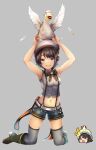  &gt;o&lt; 1girl :d aqua_eyes armpits arms_up backwards_hat bangs belt bird black_ribbon blue_shorts breasts brown_footwear brown_hair chibi chibi_inset commentary_request cropped_shirt duck feathers full_body grey_background grey_legwear grey_shirt hair_ornament hairclip hat highres hip_vent hololive kneeling looking_at_viewer mascot medium_breasts midriff navel neck_ribbon official_alternate_costume oozora_subaru open_mouth ribbon sailor_hat shadow shiny shiny_hair shirt short_hair shorts sleeveless sleeveless_shirt smile striped striped_shirt subaru_duck suspender_shorts suspenders swept_bangs thighhighs tomoeyakenari vertical-striped_shirt vertical_stripes virtual_youtuber white_belt white_headwear 