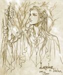  1boy braid dated green_theme hand_up ivy kazuki-mendou legolas long_hair lord_of_the_rings male_focus monochrome one-hour_drawing_challenge parted_lips robe signature solo traditional_media 