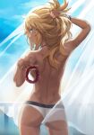  1girl absurdres ass back bikini bikini_bottom blonde_hair blue_sky blush bracelet breasts curtains eyebrows_visible_through_hair eyes_visible_through_hair fate/apocrypha fate_(series) green_eyes highres holding holding_hair jewelry looking_at_viewer looking_back medium_hair mordred_(fate) mordred_(fate)_(all) necklace scrunchie sideboob sidelocks sky solo swimsuit tomboy tonee topless upper_body white_bikini 