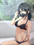  1girl absurdres bikini black_bikini black_hair blurry breasts cleavage commentary_request dated depth_of_field hair_ornament hairclip highres honma_(honmatomohiro) kantai_collection looking_at_viewer mask medium_breasts mouth_mask navel one-hour_drawing_challenge oyashio_(kancolle) sitting solo swimsuit twitter_username wariza yellow_eyes 