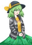  1girl bow drip_(meme) eyeball floral_print green_eyes green_hair green_skirt hat hat_bow hat_ribbon heart heart_of_string highres jacket komeiji_koishi ribbon sharkudon shirt skirt smile supreme t-shirt third_eye touhou wavy_hair yellow_ribbon yellow_shirt 