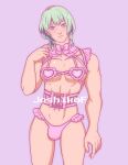  1boy artist_name bow breasts bulge byleth_(fire_emblem) byleth_(fire_emblem)_(male) closed_mouth cowboy_shot fire_emblem fire_emblem:_three_houses green_eyes green_hair highres joshikof lavender_background lingerie looking_at_viewer medium_breasts panties pectorals pink_background pink_bow pink_panties simple_background underwear 