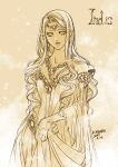  1girl breasts character_name cleavage dated dress earrings indis_(silmarillion) jewelry kazuki-mendou long_hair long_sleeves looking_at_viewer monochrome one-hour_drawing_challenge signature silmarillion smile solo yellow_theme 