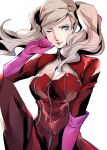  1girl bangs blonde_hair blue_eyes bodysuit boots breasts cleavage cleavage_cutout clothing_cutout cowboy_shot earrings elbow_gloves full-length_zipper gloves hand_up highres jewelry knee_up long_hair looking_at_viewer medium_breasts one_eye_closed parted_lips persona persona_5 pertex_777 pink_gloves red_bodysuit shadow simple_background sitting solo swept_bangs symbol_commentary takamaki_anne thigh_boots thighhighs twintails white_background zipper 