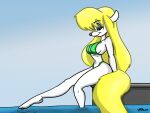  49ersrule07_(artist) animaniacs anthro bikini blonde_hair blonde_tail blue_eyeshadow breasts clothing eyeshadow female foot_in_water fur green_bikini green_clothing green_swimwear hair makeup mammal minerva_mink mink mustelid musteline navel poolside side_boob smile solo swimwear true_musteline warner_brothers white_body white_fur 