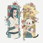  2boys animal_ears black_eyes black_hair blush cat_boy cat_ears cat_tail cloud eyebrows_visible_through_hair flower long_hair luoxiaohei multiple_boys open_mouth pink_flower short_hair short_sleeves sidelocks sirakaro smile tail the_legend_of_luo_xiaohei upper_body very_long_hair white_flower white_hair wuxian_(the_legend_of_luoxiaohei) 