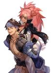  1boy 1girl abs amputee baiken breasts brown_eyes brown_hair carrying cleavage clenched_teeth eyepatch facial_mark glasses guilty_gear_xx headband hungry_clicker large_breasts long_hair mito_anji piggyback pink_eyes pink_hair scar scar_across_eye short_hair simple_background teeth traditional_media white_background 