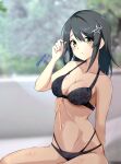  1girl bikini black_bikini black_hair blurry breasts cleavage commentary_request dated depth_of_field hair_ornament hairclip highres honma_(honmatomohiro) kantai_collection looking_at_viewer medium_breasts navel one-hour_drawing_challenge oyashio_(kancolle) sitting solo swimsuit twitter_username wariza yellow_eyes 