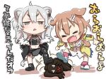  1other 2girls ahoge animal_ears black_footwear black_skirt bone_hair_ornament boots braid breasts brown_eyes brown_hair cartoon_bone chibi cleavage closed_eyes dog_ears dog_girl dog_tail ear_piercing fang green_hair grey_eyes hair_ornament hololive inugami_korone jacket lion_ears lion_girl lion_tail long_hair low_twin_braids medium_breasts midriff multiple_girls navel off-shoulder_jacket open_mouth piercing shishiro_botan single_legging skirt smile stomping tail tears translation_request triangle_mouth twin_braids virtual_youtuber yellow_jacket yoshida_on 