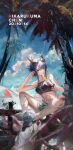  1girl absurdres arknights artist_name bangs bare_legs bare_shoulders baseball_cap beach bikini black_bikini blue_hair breasts ch&#039;en_(arknights) character_name commentary dated day daylightallure dragon_girl dragon_horns dragon_tail earphones eyewear_on_head food full_body grey_headwear hair_between_eyes hat headwear_removed highres holding holding_food horns long_hair looking_at_viewer medium_breasts navel outdoors popsicle red_eyes sandals sitting solo stomach sunglasses swimsuit tail watch wristwatch 