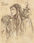  1boy book branch character_name circlet dated elrond graphite_(medium) holding holding_book kazuki-mendou long_hair lord_of_the_rings male_focus one-hour_drawing_challenge open_book parted_lips pointy_ears reading robe signature solo traditional_media 