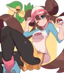  1girl ;) absurdres bangs blush bow bright_pupils brown_hair brown_legwear closed_mouth commentary_request double_bun floating_hair gen_5_pokemon green_eyes highres holding holding_poke_ball legwear_under_shorts long_hair looking_at_viewer nuneno one_eye_closed pantyhose pink_bow poke_ball poke_ball_(basic) pokemon pokemon_(creature) pokemon_(game) pokemon_bw2 raglan_sleeves rosa_(pokemon) shirt shoes short_shorts shorts smile sneakers snivy starter_pokemon twintails very_long_hair visor_cap white_pupils yellow_shorts 