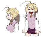  1girl :d ahoge akamatsu_kaede arms_at_sides bangs blonde_hair breasts closed_eyes collared_shirt commentary_request cowboy_shot danganronpa_(series) danganronpa_v3:_killing_harmony facing_viewer from_side furukawa_(yomawari) highres large_breasts long_hair long_sleeves miniskirt multiple_views necktie open_mouth pleated_skirt profile purple_skirt shiny shiny_hair shirt simple_background skirt smile sweater_vest teeth thighhighs white_background white_shirt 