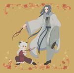  2boys age_difference animal_ears branch brown_pants cat_boy cat_ears child highres holding holding_branch leg_up long_sleeves luoxiaohei multiple_boys pants simple_background sirakaro the_legend_of_luo_xiaohei wide_sleeves wuxian_(the_legend_of_luoxiaohei) yellow_background 