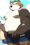  2021 anthro blush bodily_fluids brown_body brown_fur bulge canid canine clothing duo fur hi_res kemono kisukemk777 male mammal moobs outside overweight overweight_male raccoon_dog sweat swimwear tanuki 