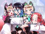  &gt;_&lt; 4girls arisu_(blue_archive) blonde_hair blue_archive blush cat_ear_headphones commentary_request couch dark_blue_hair hair_between_eyes halo headphones highres hug looking_at_another midori_(blue_archive) momoi_(blue_archive) multiple_girls red_hair short_hair sitting yuzu_(blue_archive) 