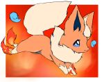  ambiguous_gender blue_eyes blue_sclera eeveelution feral fire flareon fluffy fluffy_tail fur hi_res mammal markings_(fur) nintendo paws pok&eacute;mon pok&eacute;mon_(species) red_background red_body red_fur simple_background smile snoiifoxxo solo tuft video_games white_body white_fur 