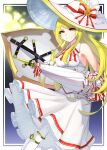  1girl absurdres blonde_hair detached_sleeves dress eyebrows_visible_through_hair feet_out_of_frame gloves guardian_tales hat highres holding holding_weapon knight_lady_lapice long_hair looking_at_viewer piu47 red_ribbon ribbon shield smile solo umbrella weapon white_dress white_gloves white_legwear white_umbrella yellow_eyes 
