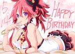  1girl between_breasts breasts disgaea happy_birthday iwashi_dorobou_-r- looking_at_viewer makai_senki_disgaea_5 medium_breasts necktie pink_hair pointy_ears ponytail purple_eyes seraphina_(disgaea) short_hair skirt smile solo 