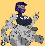  absurd_res anthro armor balls big_balls big_breasts big_penis bottomless breasts christomwow claws clothed clothing felid feline genitals gynomorph halo_(series) headgear helmet hi_res huge_penis intersex mammal microsoft muscular muscular_anthro muscular_gynomorph muscular_intersex penis simple_background solo video_games xbox_game_studios yellow_background 