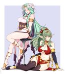  2girls alternate_costume bare_legs blush breasts cleavage cosplay dancer dancer_(three_houses) feet fire_emblem fire_emblem:_three_houses fire_emblem_awakening fire_emblem_heroes green_eyes green_hair large_breasts legs lindaroze long_hair looking_at_viewer multiple_girls nail_polish olivia_(fire_emblem) olivia_(fire_emblem)_(cosplay) pointy_ears ponytail rhea_(fire_emblem) sitting smile thighhighs tiki_(fire_emblem) toes underboob wide_hips 