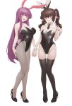  2girls animal_ears bangs black_footwear black_legwear black_neckwear blush breasts brown_eyes brown_hair bunny_ears bunny_tail choker commentary detached_collar eyebrows_visible_through_hair fishnet_legwear fishnets full_body hair_between_eyes hair_ribbon high_heels himekaidou_hatate holding_hands leotard long_hair looking_at_viewer medium_breasts medium_hair multiple_girls necktie ni_(221) open_mouth pantyhose playboy_bunny pointy_ears purple_hair purple_ribbon rabbit_girl red_eyes reisen_udongein_inaba ribbon short_necktie simple_background small_breasts smile standing strapless strapless_leotard tail thighhighs touhou twintails very_long_hair white_background wing_collar wrist_cuffs 