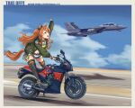  absurdres animal_ears black_legwear black_ribbon blue_sky bomber_jacket boots cloud crop_top dog_tags ear_ribbon f-14_tomcat green_belt green_jacket ground_vehicle highres horse_ears horse_girl horse_tail jacket mayano_top_gun_(umamusume) motor_vehicle motorcycle navel orange_hair ribbon runway short_shorts shorts sky tail thighhighs thrux two_side_up umamusume white_shorts 