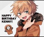  1boy blonde_hair blue_eyes chiaki_(chika-0803) happy_birthday hood hood_down kenny_mccormick open_mouth parka short_hair smile solo south_park 