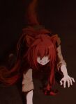  1boy adlet_myer all_fours animal_ears blood brown_hair cat_ears dark_background dripping en_(tenentan) fighting_stance long_hair looking_at_viewer red_eyes rokka_no_yuusha solo tail very_long_hair 
