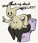  anonymous_artist anthro big_(disambiguation) bottomless breasts butt clothed clothing dialogue ditto_(disambiguation) duo eyes_closed female humiliation mimikyu nintendo pok&eacute;mon pok&eacute;mon_(species) smile stop_thinking_about_sex thick_thighs toilet toilet_bowl toilet_use transformation video_games 